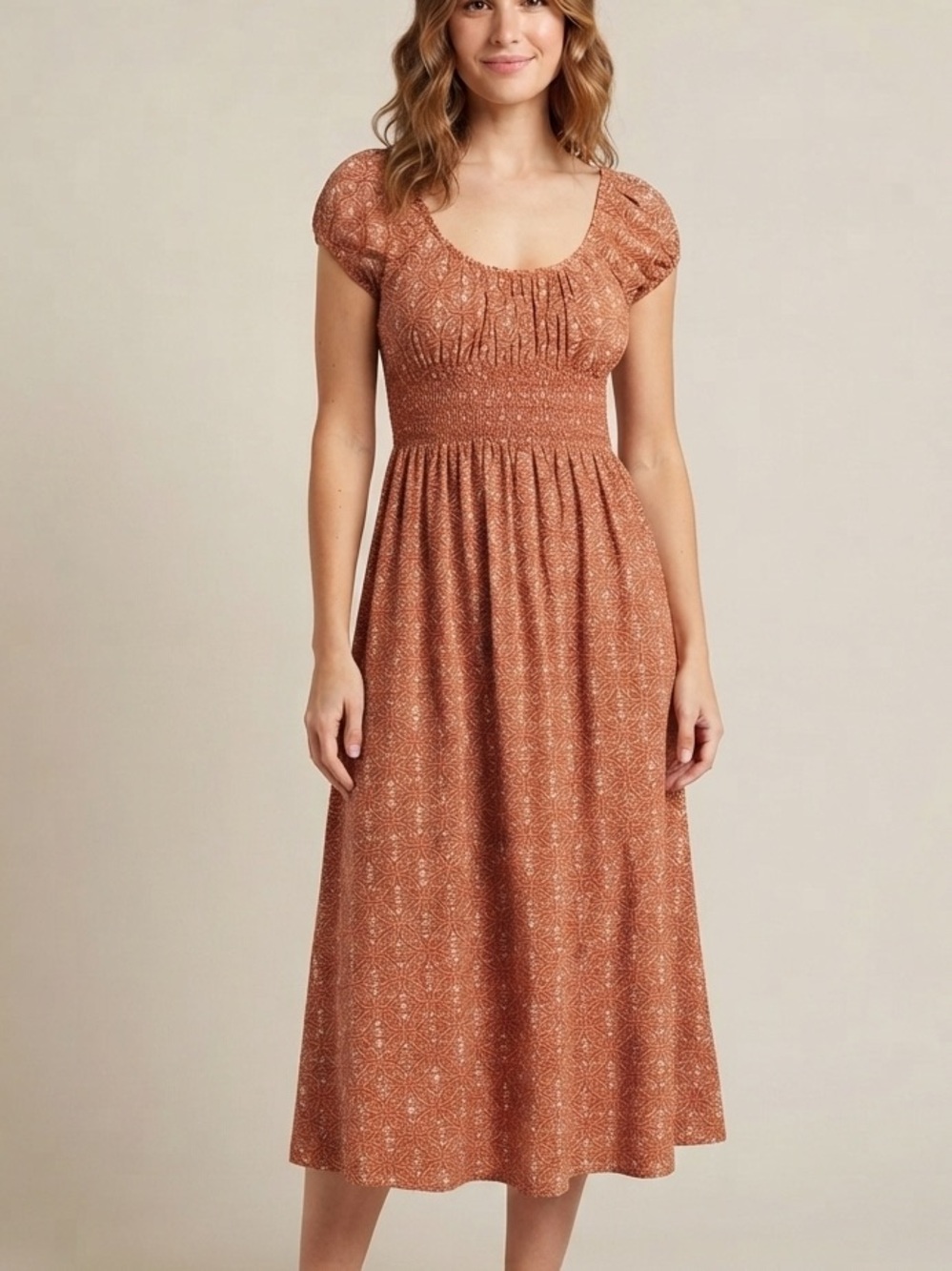Patrons Of Peace Sz S Orange Printed Smocked Waist Boho Midi Dress